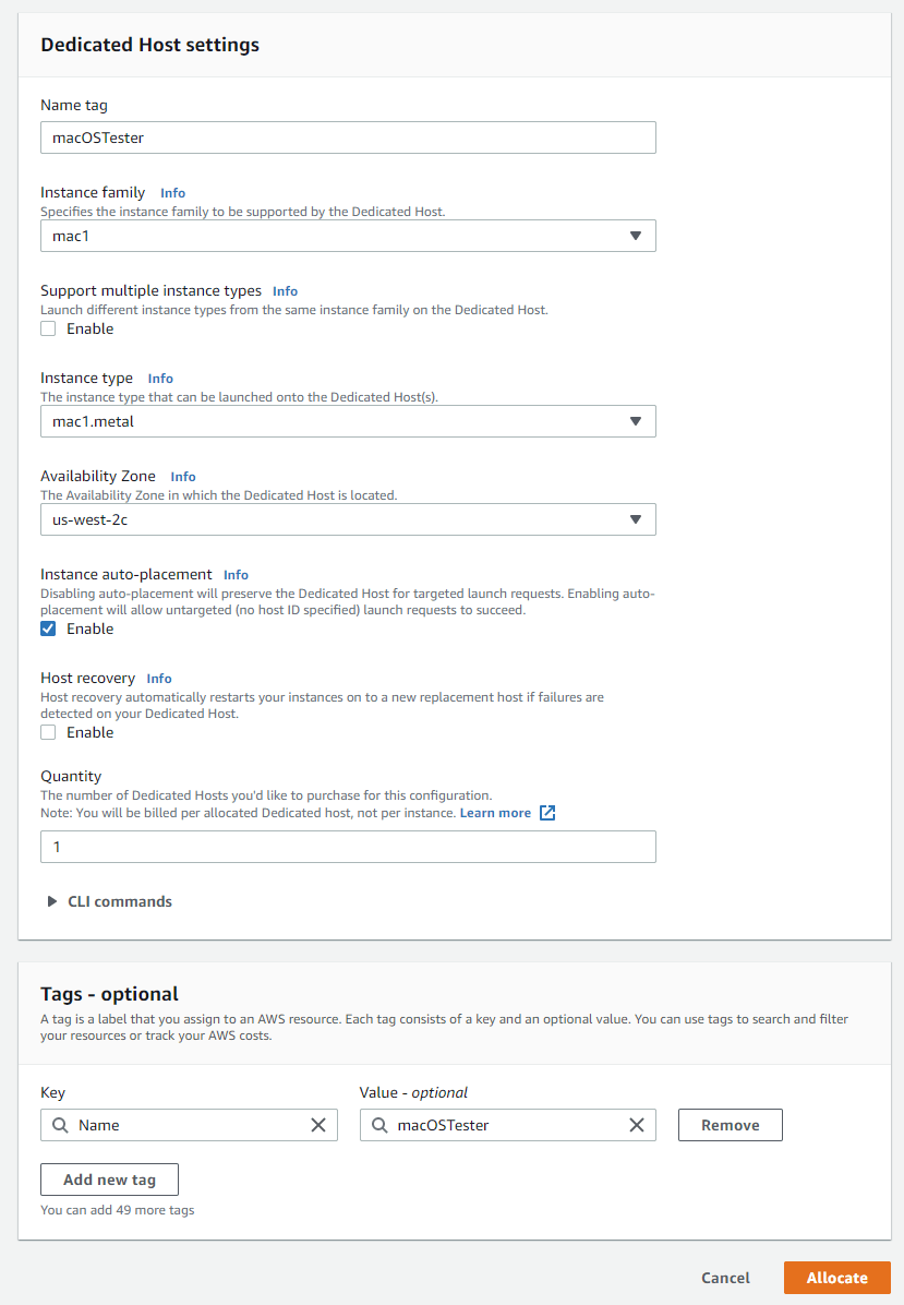 分配专用主机 分配专用主机